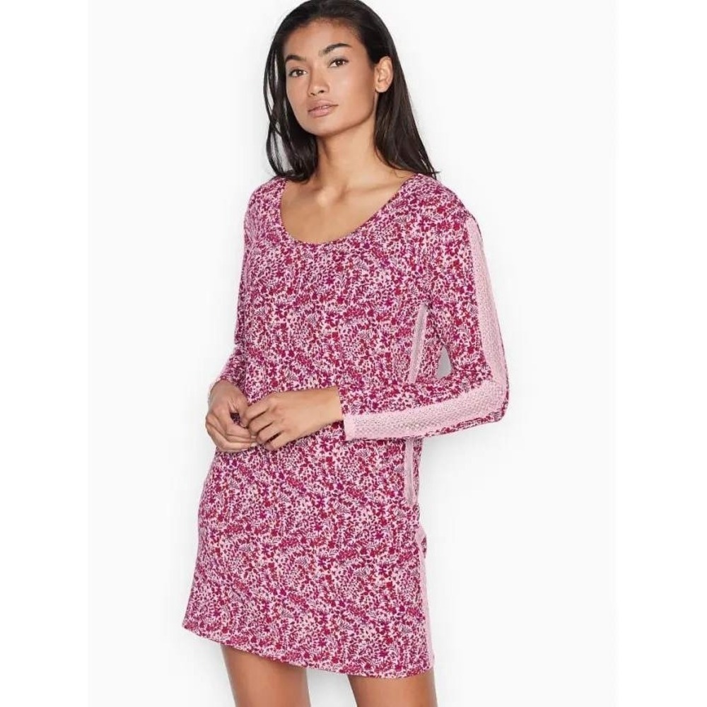 Victoria's Secret -1966 Pink Floral Lace Trim Modal Long Sleeve Nightgown Medium
